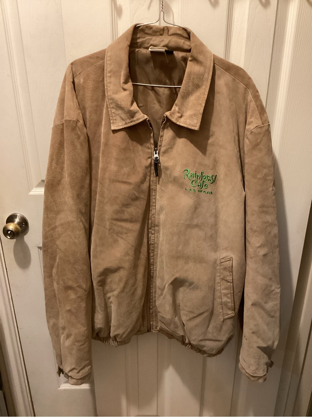 Vintage RAINFOREST Men's Light Brown Suede Bomber Jacket with Green Logo